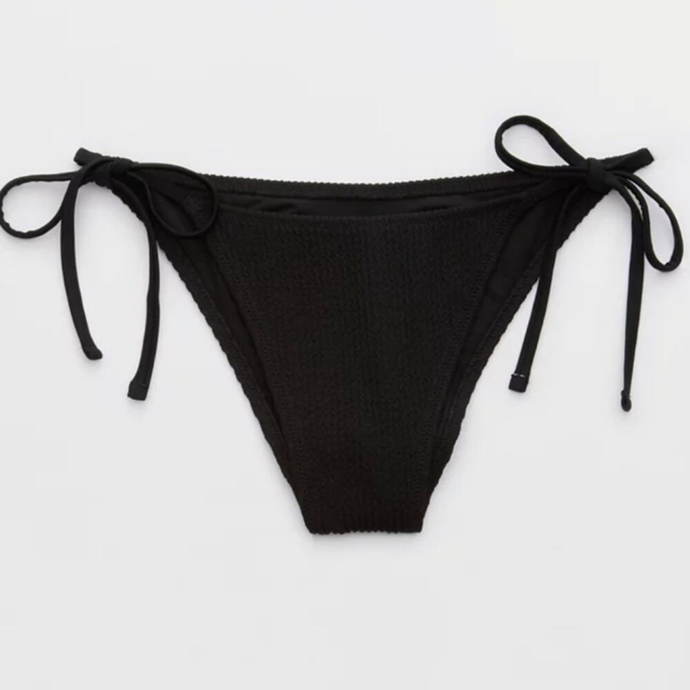 Aerie Black Tie-Side Crinkle Textured Bikini Bottom Small